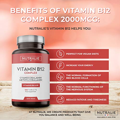 Vitamina B12 Vegana 2000mcg Cianocobalamina y Metilcobalamina | Alta Potencia Sin Aditivos | Reducción Cansancio y Formación Glóbulos Rojos con B9 y B6 | 120 Comprimidos Veganos Nutralie