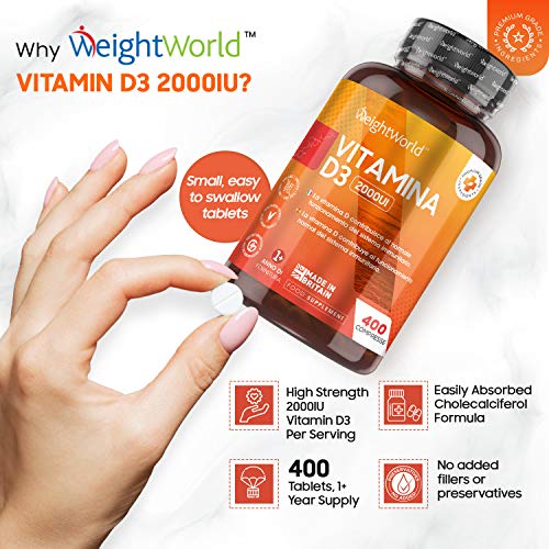 Vitamina D3 2000 UI 400 Comprimidos - Vitamina D Colecalciferol Vegetariano, Para más de 1 Año de Suministro Contribuye a la Función Normal del Sistema Inmunológico, Para Huesos Dientes Músculos
