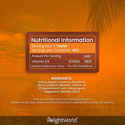 Vitamina D3 2000 UI 400 Comprimidos - Vitamina D Colecalciferol Vegetariano, Para más de 1 Año de Suministro Contribuye a la Función Normal del Sistema Inmunológico, Para Huesos Dientes Músculos