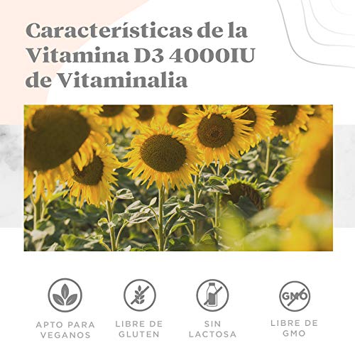 Vitamina D3 4000 IU de Vitaminalia | Vitamina D Colecalciferol de Máxima Absorción + Alta Dosis | Suplemento Vitamina D3 para 1 Año | Apto Vegetariano, Sin Gluten, Sin Lactosa, Sin GMO | 365 Tabletas