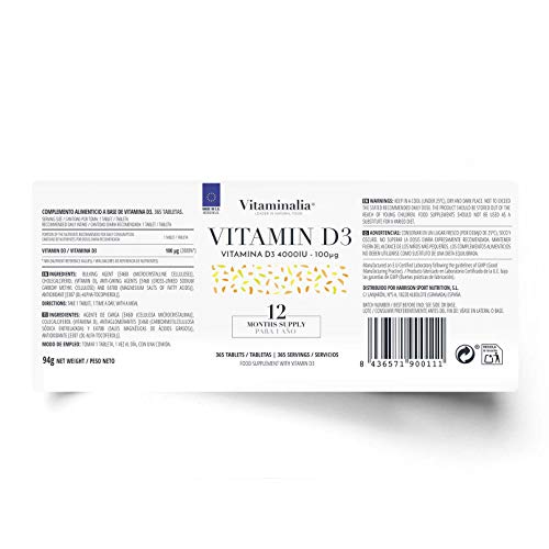Vitamina D3 4000 IU de Vitaminalia | Vitamina D Colecalciferol de Máxima Absorción + Alta Dosis | Suplemento Vitamina D3 para 1 Año | Apto Vegetariano, Sin Gluten, Sin Lactosa, Sin GMO | 365 Tabletas