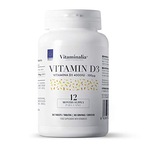 Vitamina D3 4000 IU de Vitaminalia | Vitamina D Colecalciferol de Máxima Absorción + Alta Dosis | Suplemento Vitamina D3 para 1 Año | Apto Vegetariano, Sin Gluten, Sin Lactosa, Sin GMO | 365 Tabletas