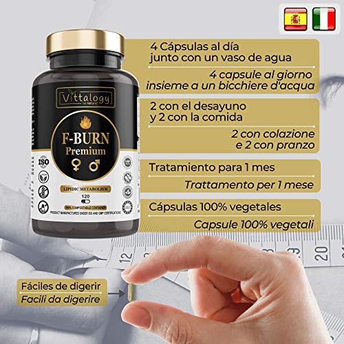 Vittalogy F-Burn Premium. Quemagrasas Potente Con Garcinia Cambogia, Té Verde Y Guaraná. Fat Burner Rápido Y Efectivo Para Adelgazar Con Efecto Termogénico. Sin Aditivos. Vegano. 120 Cápsulas