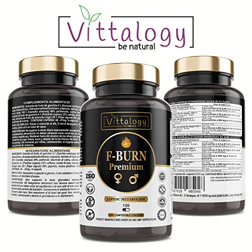 Vittalogy F-Burn Premium. Quemagrasas Potente Con Garcinia Cambogia, Té Verde Y Guaraná. Fat Burner Rápido Y Efectivo Para Adelgazar Con Efecto Termogénico. Sin Aditivos. Vegano. 120 Cápsulas