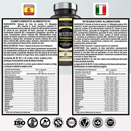 Vittalogy Multivit Premium. Multivitaminas Con Sales Minerales y Probióticos. Combate El Cansancio Y Aumenta Las Defensas. Hombre Y Mujer. Mejora En El Deporte Y Estudio. 120 Cápsulas.