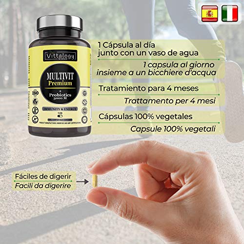 Vittalogy Multivit Premium. Multivitaminas Con Sales Minerales y Probióticos. Combate El Cansancio Y Aumenta Las Defensas. Hombre Y Mujer. Mejora En El Deporte Y Estudio. 120 Cápsulas.