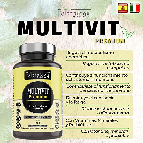 Vittalogy Multivit Premium. Multivitaminas Con Sales Minerales y Probióticos. Combate El Cansancio Y Aumenta Las Defensas. Hombre Y Mujer. Mejora En El Deporte Y Estudio. 120 Cápsulas.