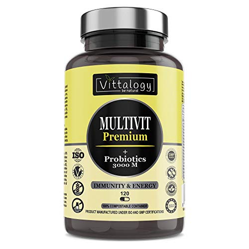 Vittalogy Multivit Premium. Multivitaminas Con Sales Minerales y Probióticos. Combate El Cansancio Y Aumenta Las Defensas. Hombre Y Mujer. Mejora En El Deporte Y Estudio. 120 Cápsulas.