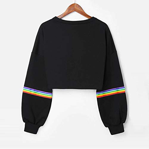 VJGOAL Moda Casual para Mujer Manga Larga del Arco Iris de impresión a Rayas Crop Short Sweatshirt Jumper Negro de Color sólido Pullover Top