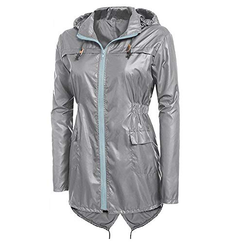 VJGOAL Moda Informal de Mujer Ligera de Color sólido con Capucha Larga Cazadora Impermeable Impermeable Activa Lluvia Exterior Sudadera Escudo(XL,Gris)