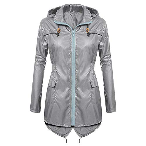 VJGOAL Moda Informal de Mujer Ligera de Color sólido con Capucha Larga Cazadora Impermeable Impermeable Activa Lluvia Exterior Sudadera Escudo(XL,Gris)