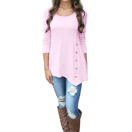 VJGOAL Mujeres de Moda Casual de Manga Larga botón Flojo Trim Blusa de Color sólido Sexy Grande Cuello Redondo túnica Camiseta