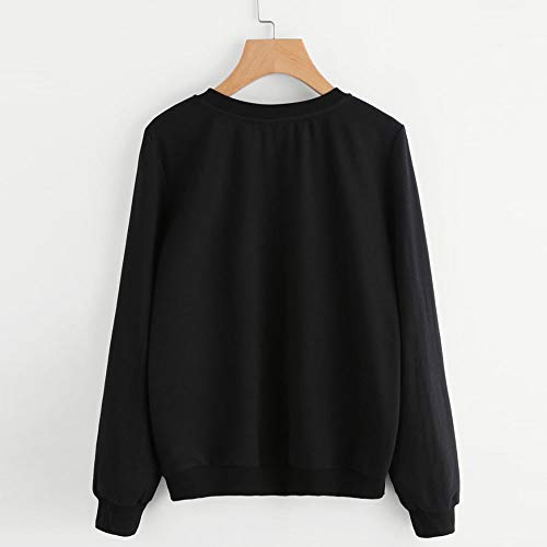 VJGOAL Mujeres Moda Casual Otoño e Invierno Lindo Gato impresión Suéter de Cuello Redondo de Manga Larga Color sólido Blusa Jersey(M，Negro