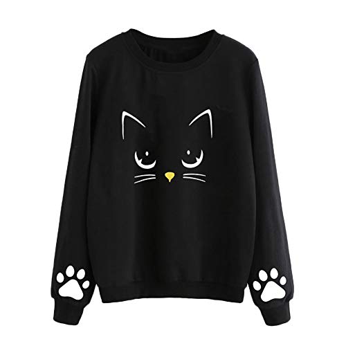 VJGOAL Mujeres Moda Casual Otoño e Invierno Lindo Gato impresión Suéter de Cuello Redondo de Manga Larga Color sólido Blusa Jersey(M，Negro