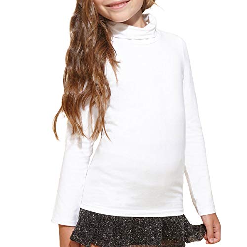 VKA42 Camiseta para niñas OXIN Cuello Alto Manga Larga y Felpa en el Interior (Blanco, 8/10 años)