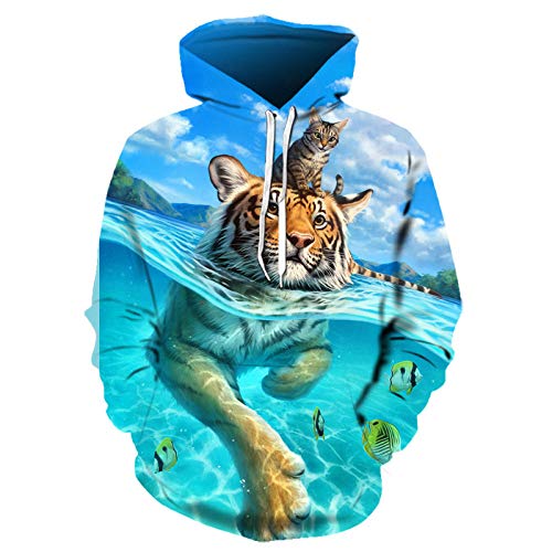 Vlejoy Sudaderas con Capucha Estampado Sudadera con Capucha para Hombre Impresión 3D Patrón De Tigre Sudadera con Capucha Gatito Suéter Par-L