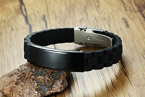 VNOX Personalizado Personalizar Grabado Acero Inoxidable Pulsera de Alerta Médica Pulsera Médica de Silicona Negra para Hombres Mujeres,18-22.5cm Ajustable.