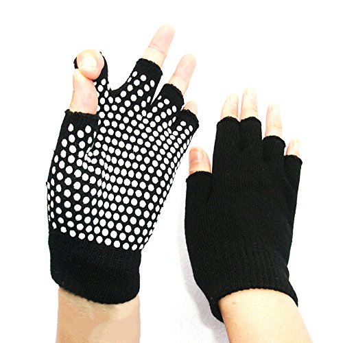 Vococal - 1 par Guantes Deporte Elástico Sin Dedos de Transpirable Antideslizante para Mujer Yoga Pilates Ejercicio con Puntos de Silicona Blanca,Negro