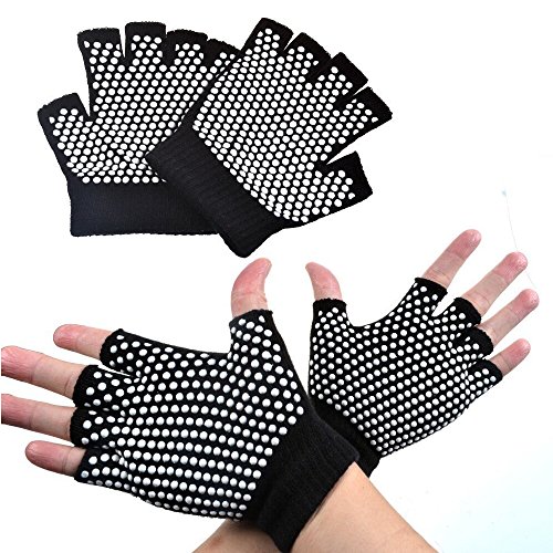 Vococal - 1 par Guantes Deporte Elástico Sin Dedos de Transpirable Antideslizante para Mujer Yoga Pilates Ejercicio con Puntos de Silicona Blanca,Negro