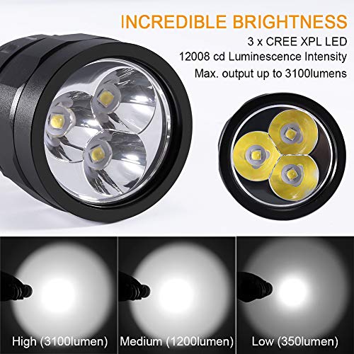 VOLADOR Antorcha de Buceo, Linterna de Buceo 3100 Lúmenes 3* CREE XPL LED Linterna Submarina Recargable Linternas de 100 Metros Luces sumergibles con 2X 18650 Batería y Cargador VOLADOR Antorcha de Buceo, Linterna de Buceo 3100 Lúmenes 3* CREE XPL LED Linterna Submarina Recargable Linternas de 100 Metros Luces sumergibles con 2X 18650 Batería y Cargador