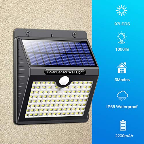 VOOE Luz Solar Exterior 97 LED [4 Pack / 3 Modos / 2200mAh] Foco Solar con Sensor de Movimiento Luces Solares para Exteriores Impermeable IP65 Lámpara Solar de Seguridad Inalámbricas para Jardín