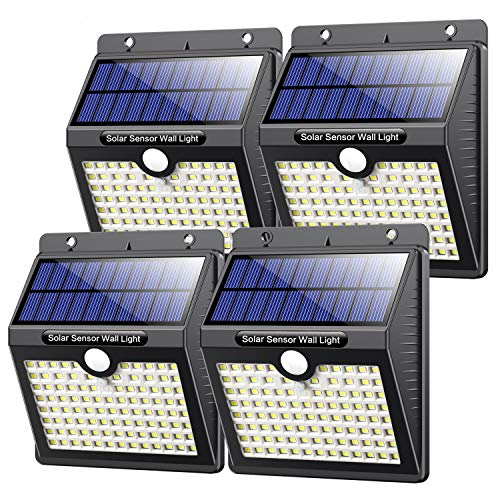 VOOE Luz Solar Exterior 97 LED [4 Pack / 3 Modos / 2200mAh] Foco Solar con Sensor de Movimiento Luces Solares para Exteriores Impermeable IP65 Lámpara Solar de Seguridad Inalámbricas para Jardín