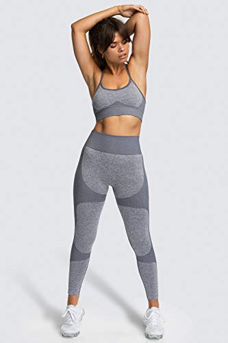 Voqeen Camisola y Pantalones de Yoga de Punto Sin Costuras para Mujer, Mallas Elásticas de Cintura Alta, Mallas para Correr, Deporte, Gimnasio, Entrenamiento