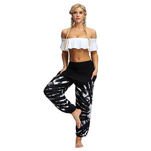 Voqeen Pantalones de Yoga de Salón para Mujer, Pantalones Holgados de Harem Hippie, Holgados, Bohemios, Estampados, Cintura Alta, Cintura Fruncida, Delgada con Bolsillos Grande Tamaño