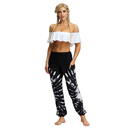 Voqeen Pantalones de Yoga de Salón para Mujer, Pantalones Holgados de Harem Hippie, Holgados, Bohemios, Estampados, Cintura Alta, Cintura Fruncida, Delgada con Bolsillos Grande Tamaño