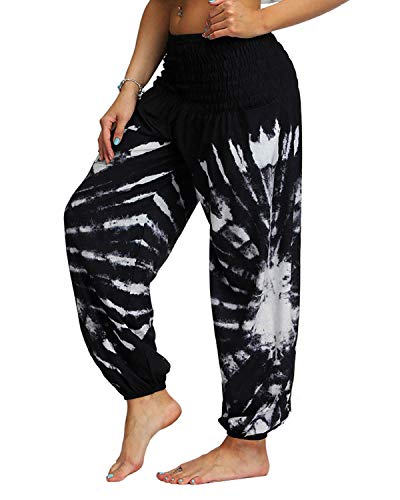 Voqeen Pantalones de Yoga de Salón para Mujer, Pantalones Holgados de Harem Hippie, Holgados, Bohemios, Estampados, Cintura Alta, Cintura Fruncida, Delgada con Bolsillos Grande Tamaño