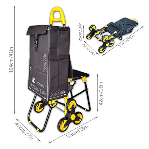 VOUNOT Carro de la Compra de 6 Ruedas Plegable con Asiento y Bolsa Térmica de 36 L, para Subir Escaleras, Negro