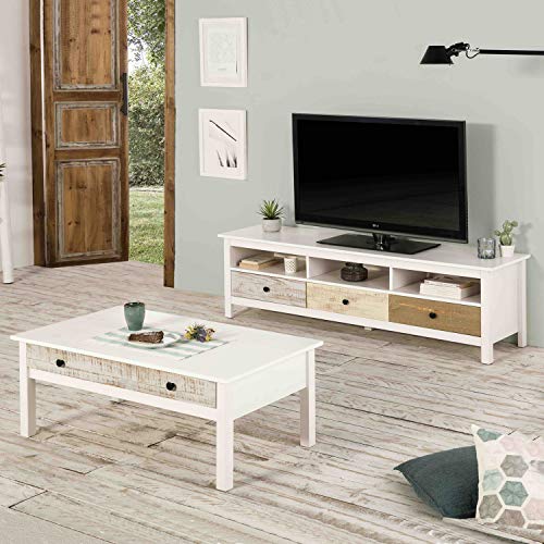 VS Venta-stock Mueble TV Magda Color Blanco/Multicolor, Madera de Pino Macizo, Frontales de Colores