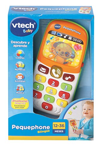 VTech - Pequephone bilingüe, juguete bebé +6 meses, teléfono infantil con luces, sonidos y canciones en inglés y español, enseña números, colores y animales, multicolor (80-138147)