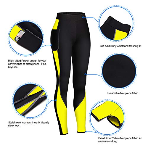 WABISABI DREAMS Pantalon Neopreno Sauna, Leggins Reductores Adelgazantes Anticeluliticos Cintura Alta, Mallas Fitness Push Up consigue una Sudoración efectiva en Fitness Negro Banda Amarilla (S)