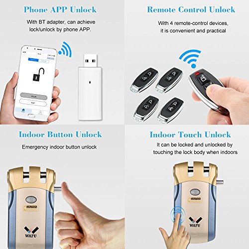 WAFU WF-010U Cerradura Inalámbrica Inteligente Cerradura Invisible Cerradura Control Remoto Desbloqueo de iOS Android APP con 4 Control Remotos, Azul + Oro