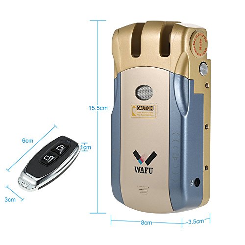 WAFU WF-010U Cerradura Inalámbrica Inteligente Cerradura Invisible Cerradura Control Remoto Desbloqueo de iOS Android APP con 4 Control Remotos, Azul + Oro