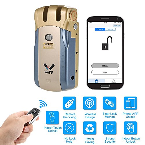 WAFU WF-010U Cerradura Inalámbrica Inteligente Cerradura Invisible Cerradura Control Remoto Desbloqueo de iOS Android APP con 4 Control Remotos, Azul + Oro