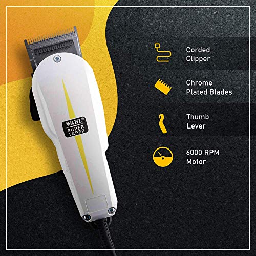 Wahl Super Taper - Maquina cortapelos, cuchillas cromadas, con accesorios, corriente alterna, blanco Wahl Super Taper - Maquina cortapelos, cuchillas cromadas, con accesorios, corriente alterna, blanco