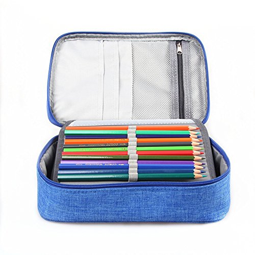 Wal front 3 capa de color caja de lápiz de gran capacidad, 72 ranuras de la cremallera Plumas del lápiz Azul