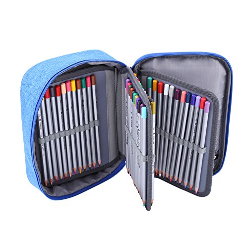 Wal front 3 capa de color caja de lápiz de gran capacidad, 72 ranuras de la cremallera Plumas del lápiz Azul