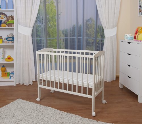 WALDIN Cuna colecho para bebé, cuna para bebé, con protector y colchón, lacado en blanco,color textil blanco/estrellas gris