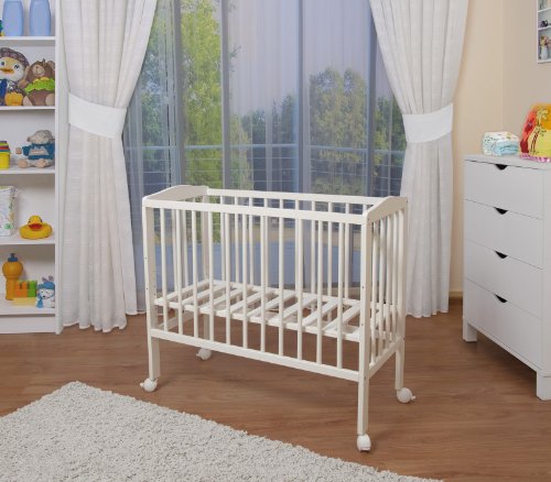 WALDIN Cuna colecho para bebé, cuna para bebé, con protector y colchón, lacado en blanco,color textil blanco/estrellas gris
