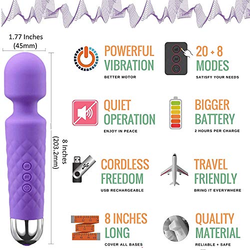 Wand Vibrador Masajeador para Mujer de Mano Inalámbrico Mini Varita Magic Terapéutica Personal con 8 Potentes Velocidades y 20 Modos de Masaje Eléctrico Portátil Prueba Agua Recargable