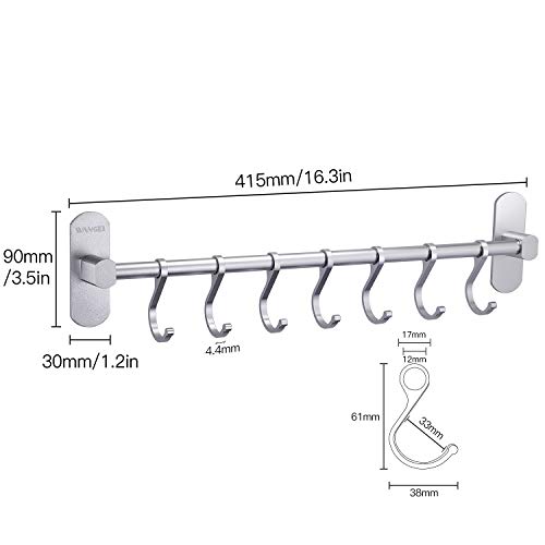 Wangel Adhesivo 7 Gancho Barra Soportes y Organizadores para Utensilios de Cocina, Pegamento Patentado + Autoadhesivo, Aluminio, Acabado Mate, 40CM