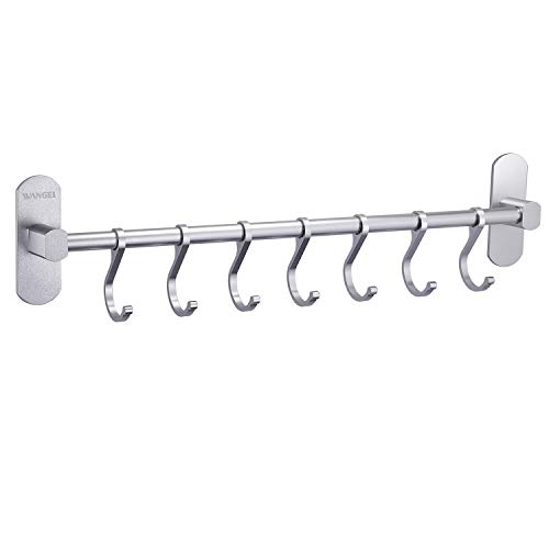 Wangel Adhesivo 7 Gancho Barra Soportes y Organizadores para Utensilios de Cocina, Pegamento Patentado + Autoadhesivo, Aluminio, Acabado Mate, 40CM