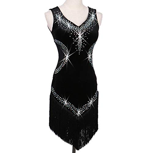 Wangmei Terciopelo Aprovechar Vestido de Baile Latino para Mujeres Ropa de Rendimiento Borla Profesional Baile Latino Vestidos de Competencia con Diamantes de Imitación,Black2,S