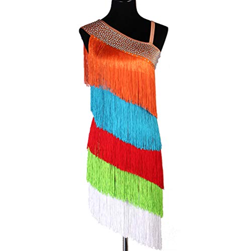 Wangmei Vestido de Baile Latino con Flecos Coloridos para Damas Sin Mangas Rendimiento de Vestuario Tango Profesional Zumba Rumba Cha Cha Performance,Vistoso,M