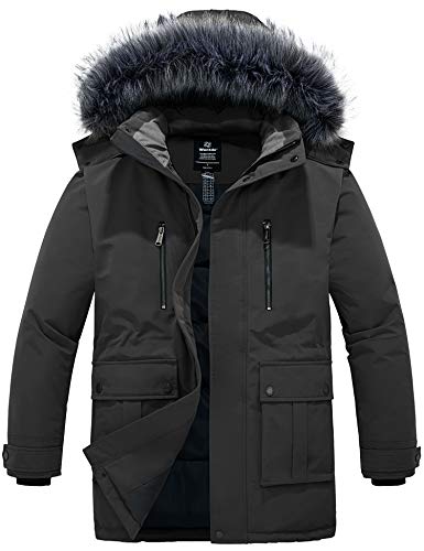 Wantdo Parka Gruesa Capucha Desmontable con Pelo Chaquetas de Lana Resistente al Agua Abrigo Casual Bolsillos Múltiples Abrigo Ajustado con Cinturón Hombre Azul Oscuro X-Large