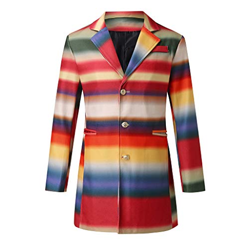 waotier Abrigo Rayas Gabardina mutilicolor Arcoiris para Hombre Slim Cárdigans Botonadura Larga Cortavientos de Lana Singular Abrigo de Lana