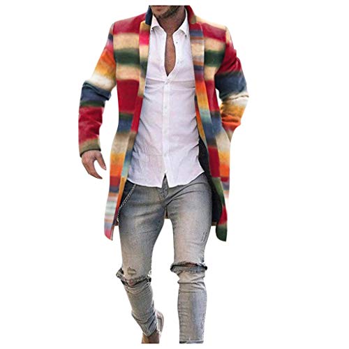 waotier Abrigo Rayas Gabardina mutilicolor Arcoiris para Hombre Slim Cárdigans Botonadura Larga Cortavientos de Lana Singular Abrigo de Lana